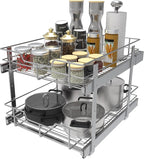 2 Tier Pull Out Cabinet Organizer 18" W X 22" D, Slide Out Drawers For Kitchen Cabinets, Pull Out Drawers For Cabinets Capacity Heavy Duty Caddy, Cabinet Pullout Shelves Chrome-Plated,Bathroom Pantry