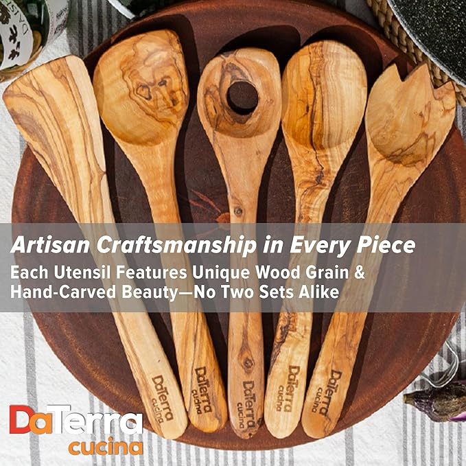12-Inch Olive Wood Cooking Tools – 5-Piece Wooden Kitchen Utensils Set with Spoons, Spatulas & Cooking Tools – Wood Kitchen Utensils Set for Cooking – Crafted Wood Essentials by DaTerra Cucina
