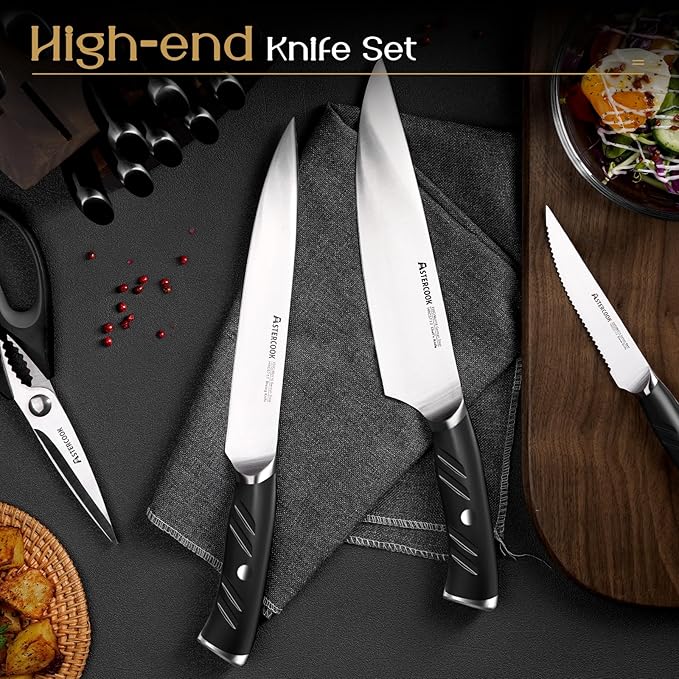 Astercook Knife Set, Kitchen Knives Set with Block and Dual Sharpener Full Tang 15 Pcs German Stainless Steel Knives Sharp Blade Dishwasher Safe Knife Set with Ergonomic Handle, Elegant Black