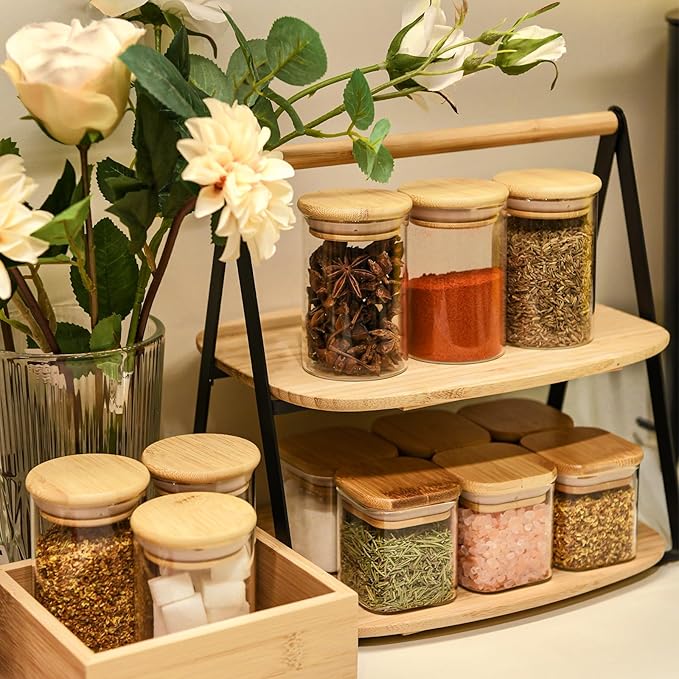 8oz Glass Food Storage Jars, Glass Jars with Bamboo Lids, Kitchen Storage Jars, Set of 12, Canisters with Airtight Lids for Spice, Coffee, Cookie, Pantry Organizers