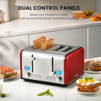 Roter Mond Countdown Stainless Steel 4 Slice Toaster with Bagel, Defrost, Cancel Function, Dual Toaster, Extra Wide Slots, 6 Shade Settings, Removable Crumb Trays, 1650W, Red