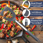 TeamFar Kitchen Utensils, 8PCS Silicone Utensils Kitchen Tools Set with Stainless Steel Handle, for Nonstick Cookware Frying Flipping Draining, Healthy & Anti-heat, Nonstick & Dishwasher Safe - Gray