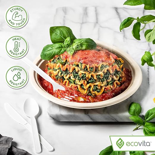 Ecovita 100% Compostable Forks Spoons Knives Cutlery Combo Set - 380 Large Disposable Utensils (7 in.) Eco Friendly Durable and Heat Resistant Alternative to Plastic Silverware with Convenient Tray