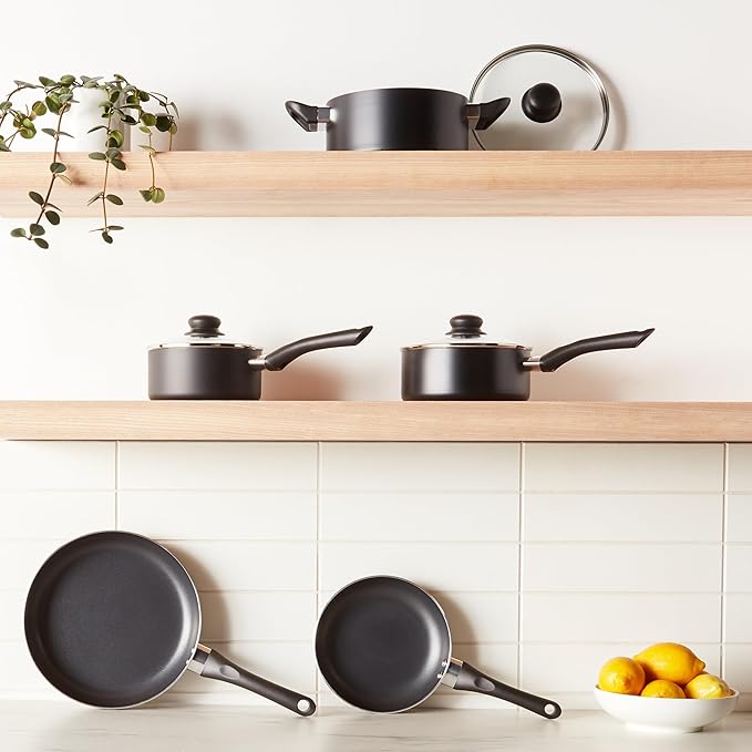 Amazon Basics Non Stick Kitchen Cookware 8-Piece Set, Non-Induction, Includes Pots and Pans, Black