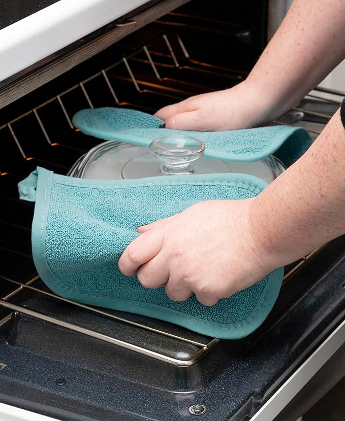 RITZ Terry Potholder & Hot Pad: Unparalleled Heat Resistant, Durable 100% Cotton – Ergonomically Designed for Optimal Grip – Easy-Care Machine Washable – 4-Pack, Dew/Federal