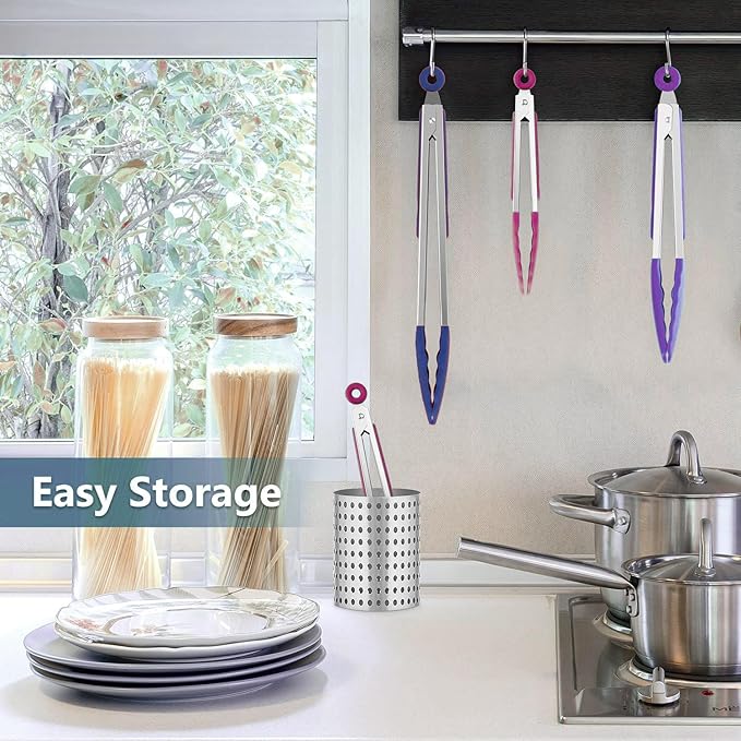 Kitchen Tongs Set of 3, Cooking Tongs with Silicone Tips, Non-Scratch Heat Resistant Tongs for Grilling Cooking BBQ Salad Buffet (Pink/Purple/Navy, 7/9/12 Inch)