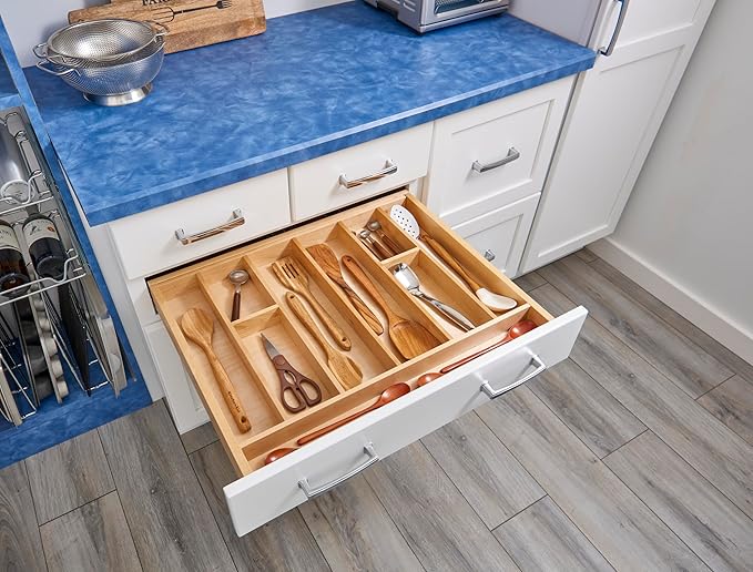Rev-A-Shelf Trim-to-Fit Silverware Drawer Organizer For Kitchen Utensils, Cutlery Cabinet Storage Divider Insert, 33.13 x 22 In, Maple Wood, 4WUT-36SH