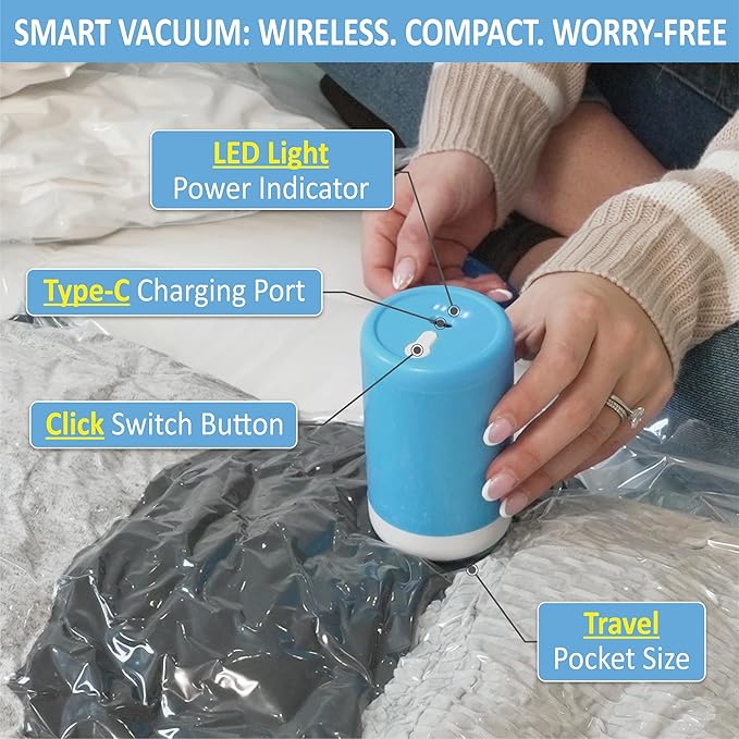 Cozy Essential Travel Vacuum Storage Bags with Portable Electric Pump, Vacuum Seal Space Saver Bags for Clothing and Luggage, 12 Pack