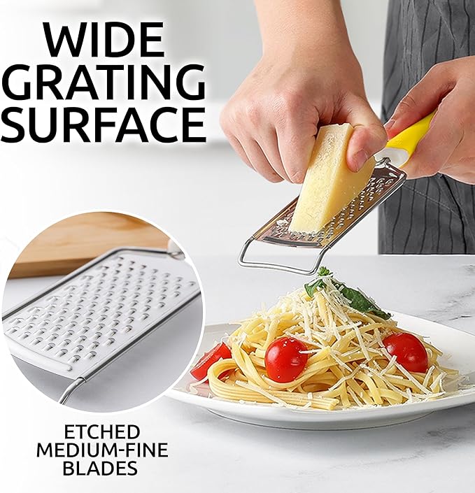 Zulay Kitchen Professional Cheese Grater Stainless Steel - Durable Rust-Proof Metal Lemon Zester Grater With Handle - Flat Handheld Shredder for Parmesan, Chocolate, Spices, And More - Yellow