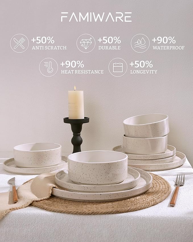 Famiware Nebula Plates and Bowls Sets, 12 Pieces Dinnerware Sets, Dishes Set for 4, Creamy White with Colorful Speckles
