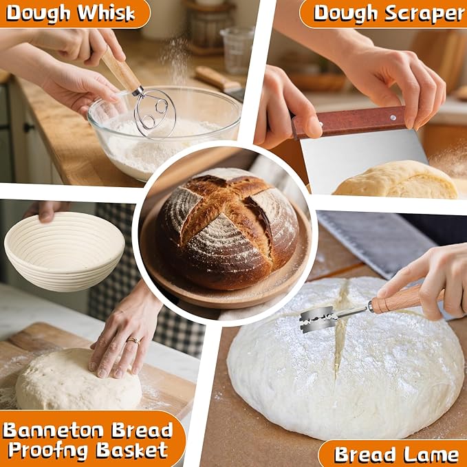 Banneton Bread Proofing Basket Banneton Basket Set Sourdough Proofing Basket Round Proofing Bowls Handmade Rattan Baskets and Liners (Round of 2 Gift Set)