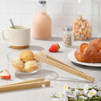 2PCS Reusable Toaster Tongs, OHOLA 8 inch Bamboo Cooking Tong, Multipurpose Wooden Tongs for Toaster, Fruits, Bread, Pickles, Cheese, Bacon, and Muffins (Stylish Pattern)