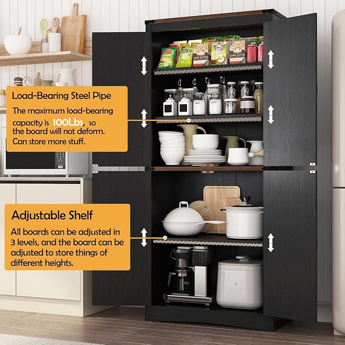 71in Farmhouse Kitchen Pantry Cabinet,Tall Storage Cabinet with 4 Doors and Adjustable shelves,with Load-Bearing Steel Pipe,Wood Storage Cabinets for Kitchen,Dining Room,Bathroom(Black)