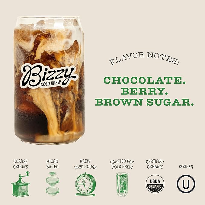Bizzy Organic Cold Brew Coffee | Espresso Blend | Coarse Ground Coffee | Medium-Dark Roast | Micro Sifted | Specialty Grade | 100% Arabica | Brew Bags | 12 Count | Makes 42 Cups