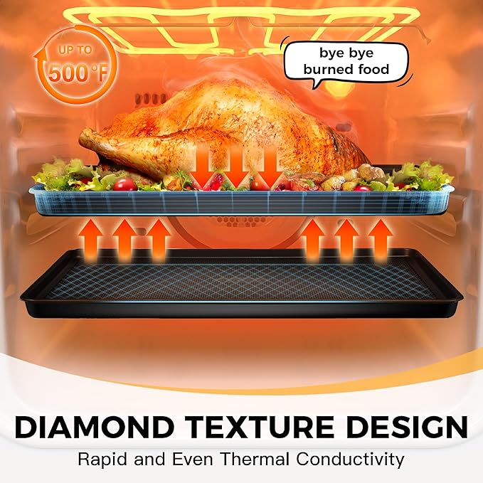 Cookie Sheets for Baking Nonstick - HONGBAKE Baking Sheet Pan Set of 3, Half/Quarter/Jelly Roll Pan for Oven with Diamond Texture Pattern, 57% Thicker Carbon Steel Cookie Trays, Dark Grey