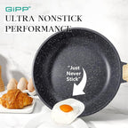 GiPP Nonstick Frying Pan Skillet with Lid - 9.5" Grey Granite Non Stick Pans, Omelette Pan with Heat-Resistant Handle, Compatible with All Stovetops, PFOA Free