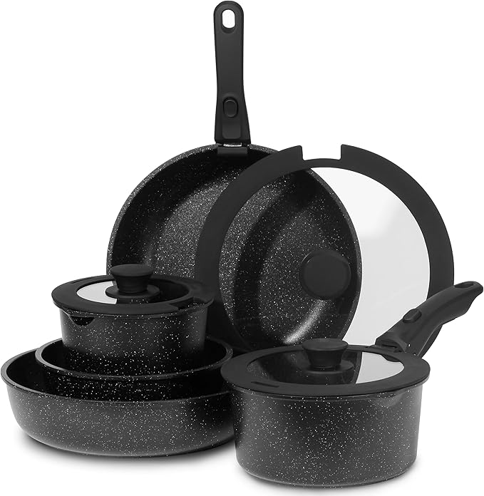 ESLITE LIFE Nonstick Cookware Sets with Detachable Handle,Ceramic Coating Pots and Pans Set Kitchen Cooking Set, Compatible with All Stovetops, PTFE & PFOA Free, Black, 10 Pcs Set