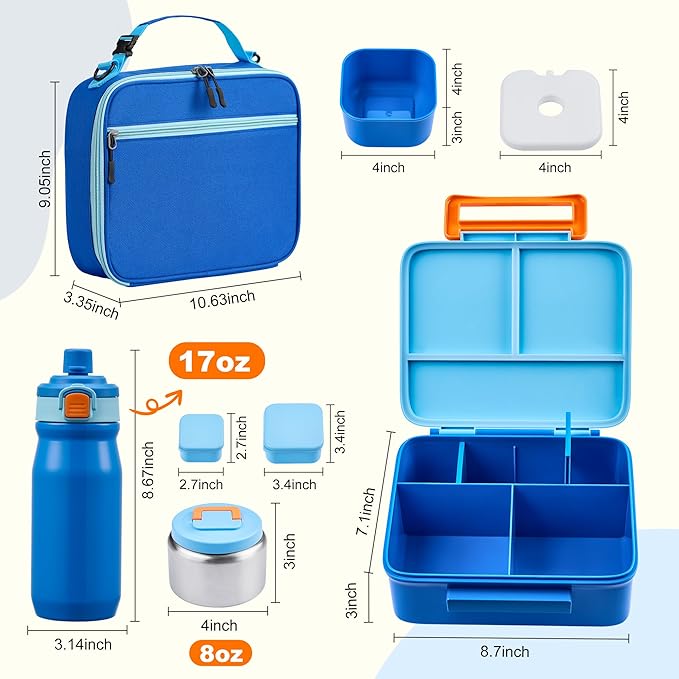 MAISON HUIS Bento Box for Kids with 8oz Soup Thermo, Leak-proof Lunch Food Containers with 5 Compartment, Insulated Lunch Bag & 17oz Stainless Steel Water Bottle for School, Trvael