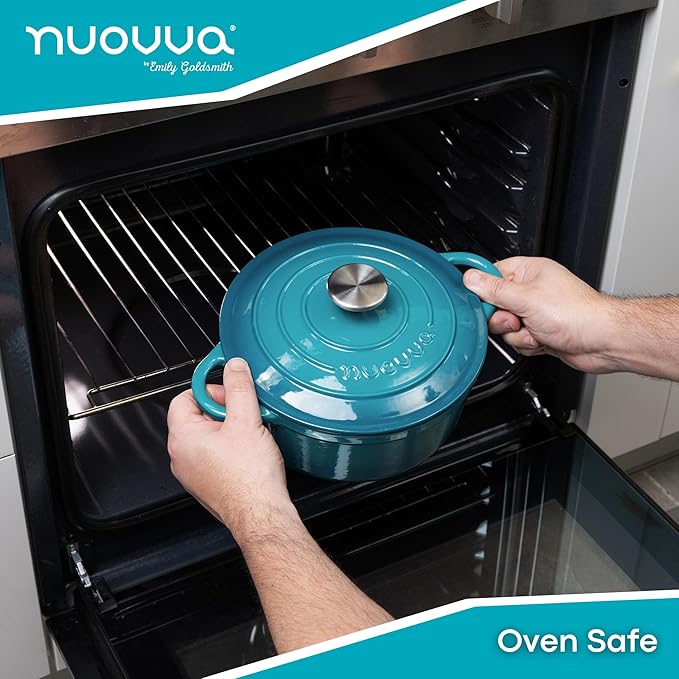 Cast Iron Dutch Oven with Lid – Non-Stick Ovenproof Enamelled Casserole Pot – Sturdy Dutch Oven Cookware – Teal, 5-Quart, 24cm – by Nuovva