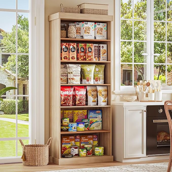 70.8" Tall Brown Bookshelf with Glass Doors, Farmhouse Modular Bookcase with 6-Tier Adjustable Shelves, Large Storage Cabinet for Home Office, Living Room, Set of 2