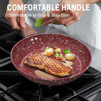 KOCH SYSTEME CS 12" Red Granite Non-Stick Frying Pan with Lid, Classic Pans with Non-toxic Nonstick Coating, Aluminum Skillet with Heat-resistant Bakelite Handle, Induction Compatible Frying Pan