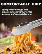 Anaeat 7" Mini Cooking Tong Stainless Steel - Sturdy Coiled Spring Locking Kitchen Food Tong with Non-Slip Silicone Grip for Serving, Cooking, Baking - Heat Resistant up to 480°F (Black)