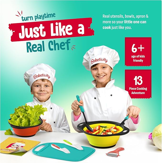 Baketivity Kids Cooking Set Real Utensils With Kitchen Tool Guide - Complete Junior Cooking Set Gift For Girls Or Boys With Mixing Bowls, Cutting Board, Knife, Apron - Kids Baking Set For Real Cooking