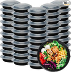 Klex 12 Oz, 50 Sets Meal Prep Containers with Airtight Lids, BPA Free, Reusable Plastic Food Container, 12 oz, Round, Black/Clear, 50 Sets