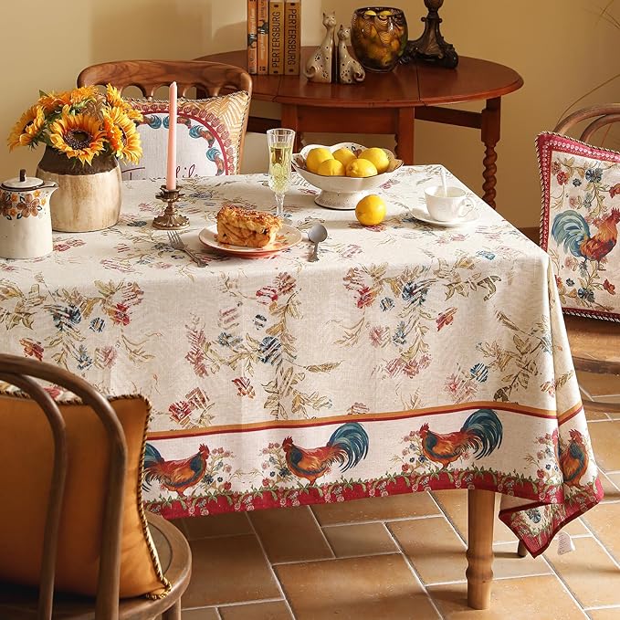 patdrea Designer French Tablecloth for Square Table,Vintage Red Linen Animals Pattern Floral Tablecloths,Decor Table Cover for Kitchen Dining Christmas,Party,Thanksgiving,67"x67"-Townlife E