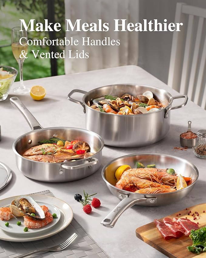 Stainless Steel Cookware Set,Tir-Ply Pots and Pans Set,13 Pcs Stainless Steel Induction Kitchen Cookware Sets,PFOA Free, Frying Pans,Saucepans,Saute Pan & Stock Pot,Compatible with All Cooktops