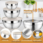 P&P CHEF Mixing Bowl with Lids Set of 3, Stainless Steel Nesting Salad Bowls for Serving Preparing, 3 Grater Attachments & Non-Slip Bottoms, Size 1.5/2.6/4.6 QT, Khaki