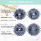 Tongjude 4 Pieces Silicone Fluted Cake Pans, 6/7/8 Cups Tube Baking Pan, Non-Stick Kitchen Oven Baking Pans, Silicone Molds for Homemade Cake, Bread and Jello, Grey