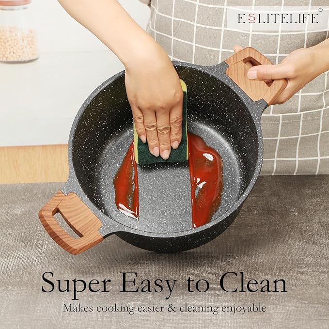 ESLITE LIFE Nonstick Cookware Sets, 9 Pcs Granite Coating Pots and Pans Set Kitchen Cooking Set, Compatible with All Stovetops (Gas, Electric & Induction), PFOA Free, Black