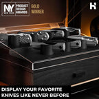 Premium Pocket Knife Display Case for 30 Knives - Large Wooden Knife Organizer, Storage & Holder with Unique Pillars, Hinged Cover, Drawer - Knife Collection Box - Handcrafted for Men