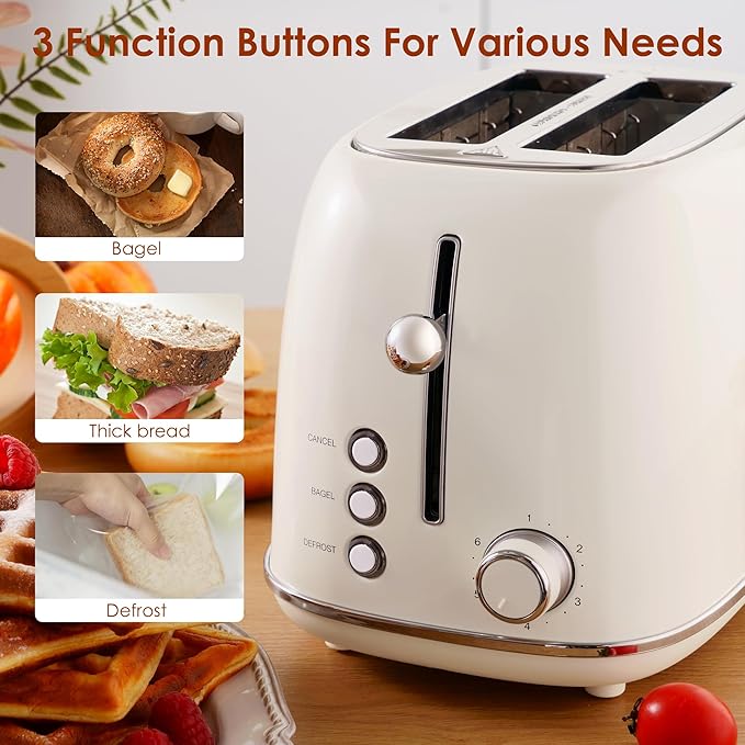 Roter Mond 2 Slice Toaster Retro Stainless Steel with Bagel, Cancel, and Defrost Functions, 6 Bread Shade Settings, Extra Wide Slots and Removable Crumb Tray, Cream