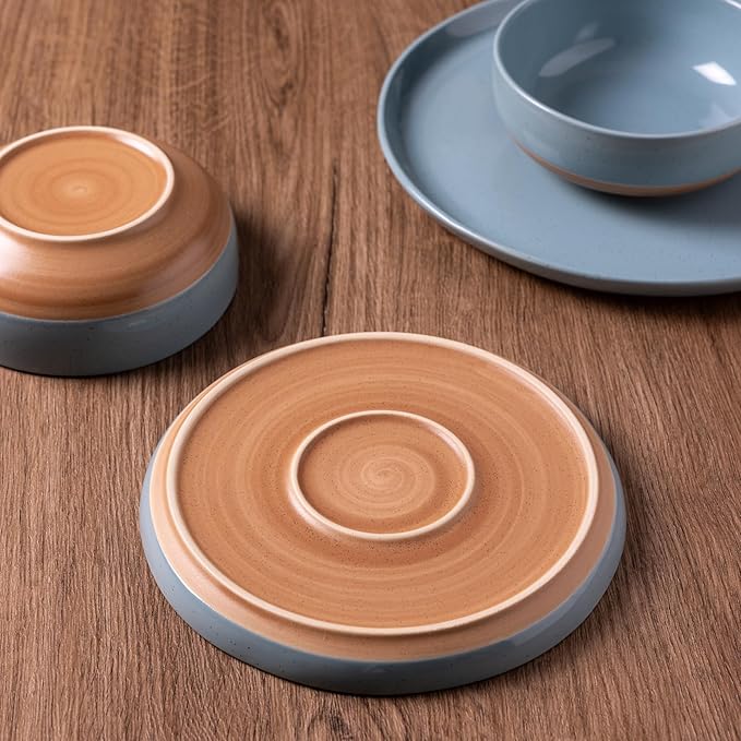 AmorArc Ceramic Dinnerware Sets for 8, 24 Pieces Handpainted Plates and Bowls Set with Rustic Terracotta Underside, Scratch Resistant Stoneware Dishes Set, Dishwasher & Microwave Safe, Stone Blue