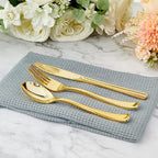 FOCUSLINE 300 Count Gold Plastic Silverware Set - 100 Forks, 100 Knives, 100 Spoons - Heavy Duty Plastic Cutlery Set Disposable Flatware for Catering, Parties, Dinners, Weddings