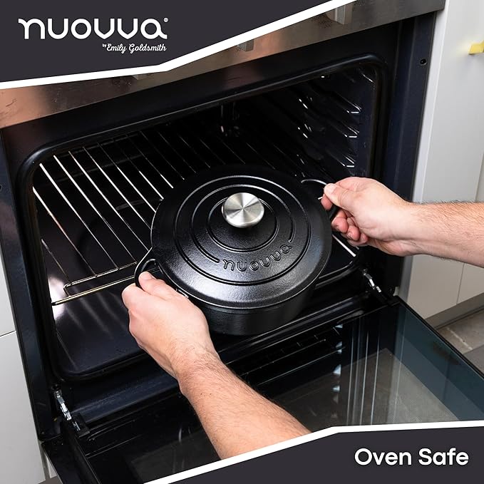 Cast Iron Dutch Oven with Lid – Non-Stick Ovenproof Enamelled Casserole Pot – Sturdy Dutch Oven Cookware – Black, 3.1-Quart, 22cm – by Nuovva