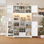 FINETONES 71" Pantry Cabinet with 7-Color LED Light and Charging Station, Kitchen Pantry Cabinet with Microwave Stand, Kitchen Hutch Food Storage Cabinet with Outlet and Wine Racks, White