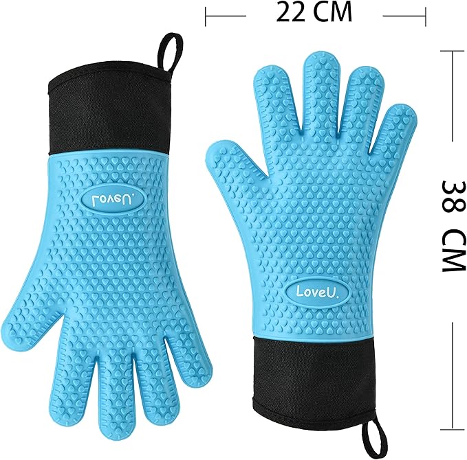 Kitchen Oven Gloves - Silicone and Cotton Double-Layer Heat Resistant Oven Mitts/BBQ Gloves/Grill Gloves - Perfect for Baking and Grilling (XL-XXXL, Blue)