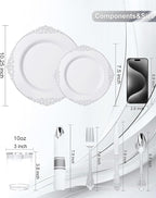 Nervure 350PCS Silver Plastic Plates - Silver Plastic Dinnerware Sets for 50 Guests - 100 Disposable Plates, 150 Silverware, 50 Cups, 50 Napkins for Wedding & Party
