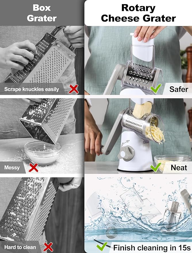 Cheese Grater Rotary, Rotary Grater for Kitchen, Kitchen Grater Vegetable Slicer with 3 Drum Blades, Fast Cutting Cheese Shredder for Vegetables and Nuts