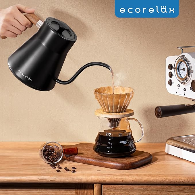 ECORELAX Gooseneck Electric Kettle, ±1℉ Temperature Control Pour Over Kettle for Coffee, Tea & Water, Stainless Steel 1200 W Keep Warm OLED Display 1 L (Black)
