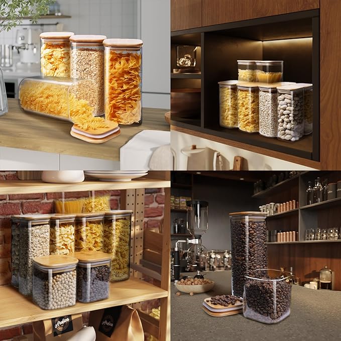 Square Glass Jars with Bamboo Lids 27 FL OZ [Set of 6], Glass Canisters with Airtight Lids, Glass Food Storage Containers for Coffee, Sugar, Tea, Candies, Cookies,Best for Kitchen & Pantry