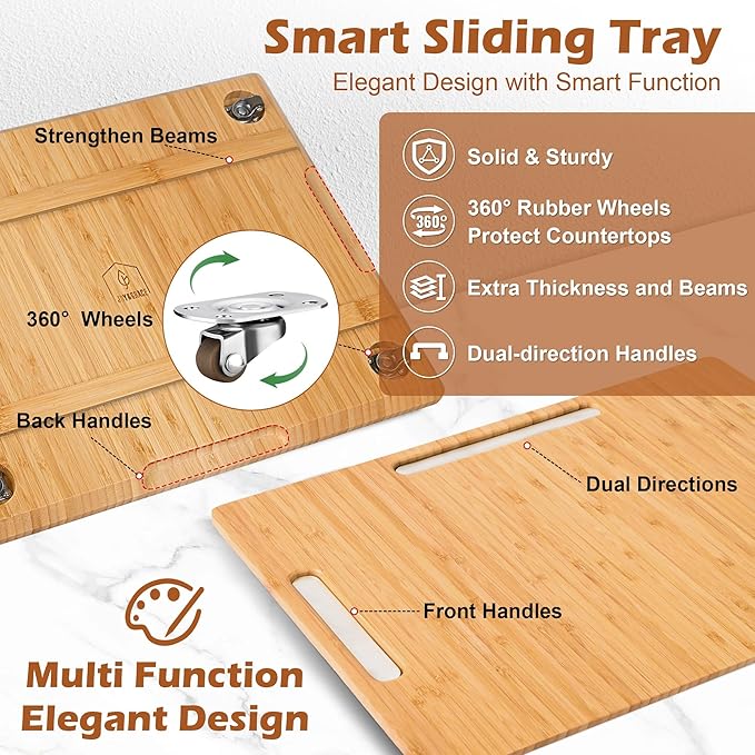 Joy&Grace Appliance Slider for Kitchen Appliances 360° Rolling Sliding Tray for Coffee Maker Countertop, Bamboo Coffee Pot Slider Rolling Tray (Natural, Large 16"x13")