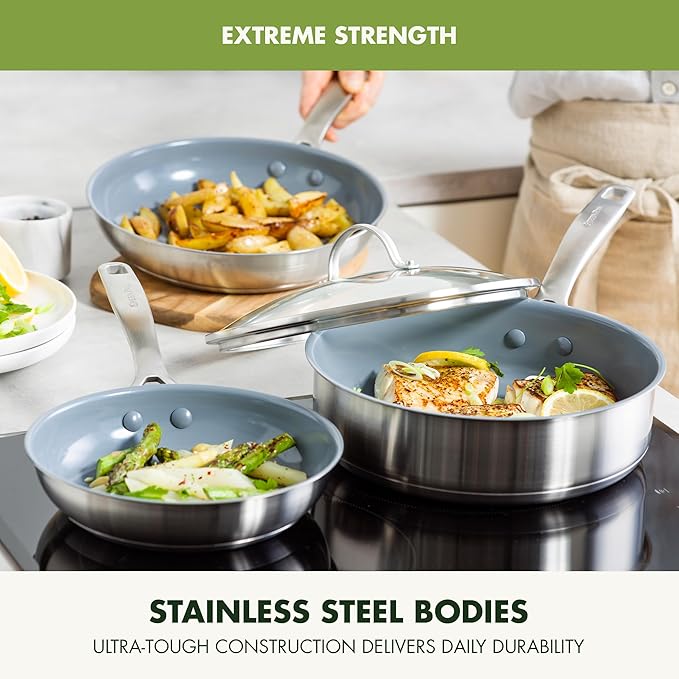 GreenPan Treviso 10 Piece Cookware Set, Non-Toxic PFAS-Free Stainless Steel Ceramic Nonstick Coating, Induction Suitable, Pots, Pans Lids, Sauté & Saucepans, Multi Clad, Dishwasher & Oven Safe