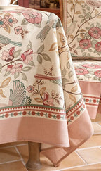 patdrea Designer Pink Linen Table Cloth for Rectangle Table,Vintage Floral with Birds Pattern Decorative Tablcloth,French Table Cover for Kitchen Dining,Thanksgiving,Christmas,63"x94"-Kulom a