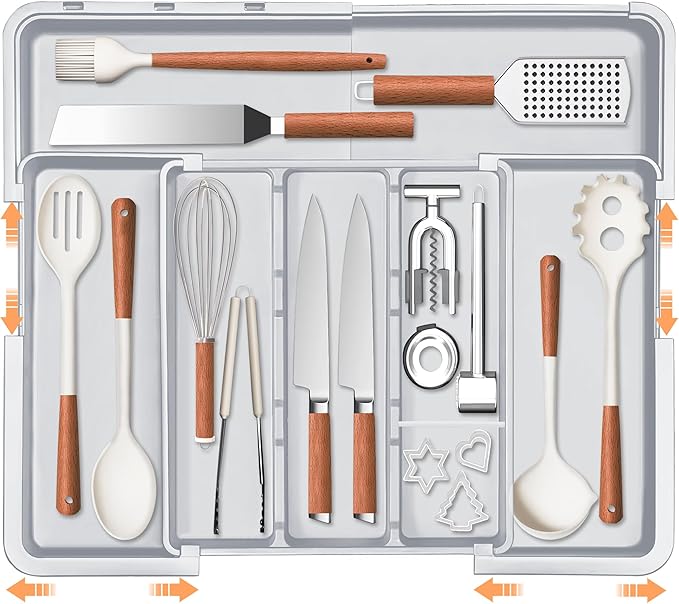 Large Utensil Drawer Organizer Expandable Silverware Organizer for Kitchen Drawer Adjustable Cooking Utensil Holder Cutlery Flatware Tray Spatula Tools Gadgets Storage Dividers Plastic Grey
