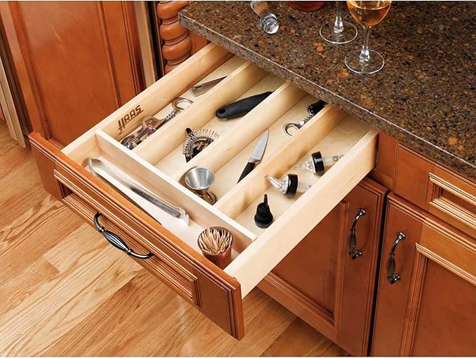 Rev-A-Shelf Trim-to-Fit Silverware Drawer Organizer For Kitchen Utensils, Cutlery Cabinet Storage Divider Insert, 18.5" x 22", Maple Wood, 4WUT-1