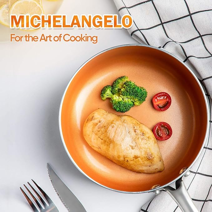 MICHELANGELO Copper Frying Pan Set with Lid, 8" & 10" Nonstick Skillets with Lids, Non Stick Frying Pans Set, Ceramic Non Toxic Fry Pans, Induction Compatible